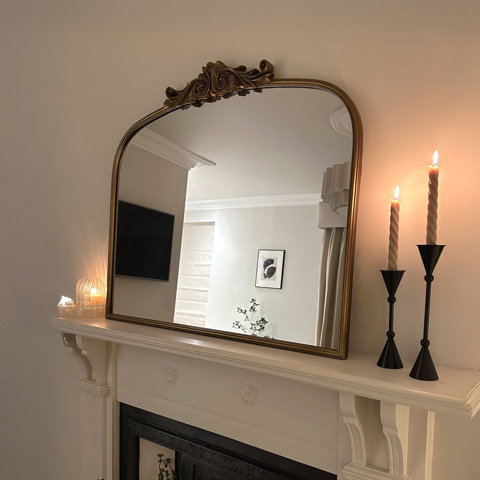 Amelia - Gold Arched Metal Overmantle Mirror 100cm x 87cm - Image 2